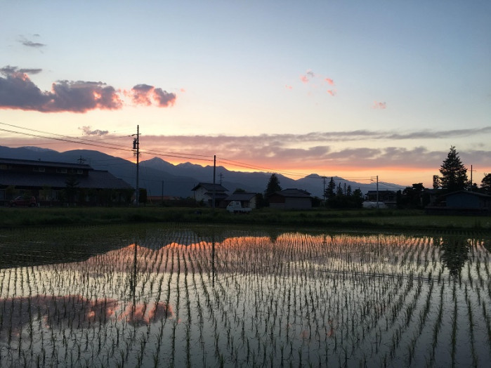 立山の帰りに見た、景色です。田んぼに移りこんで綺麗でした。