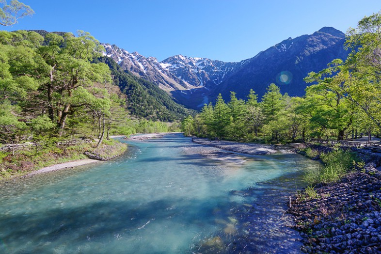 新緑の上高地と穂高連峰