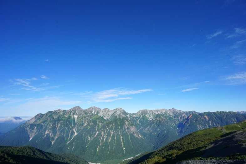 下山する日は晴天でずっと槍穂高を見ながらの山歩き