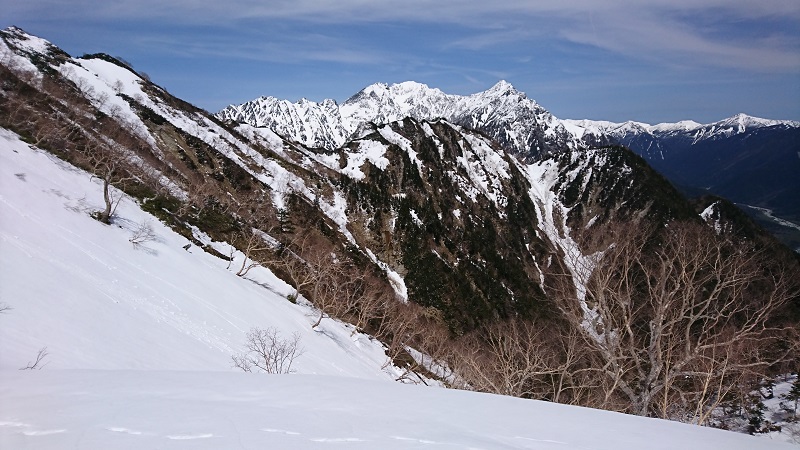 樹林帯を抜けて横目に穂高が見え始めました。